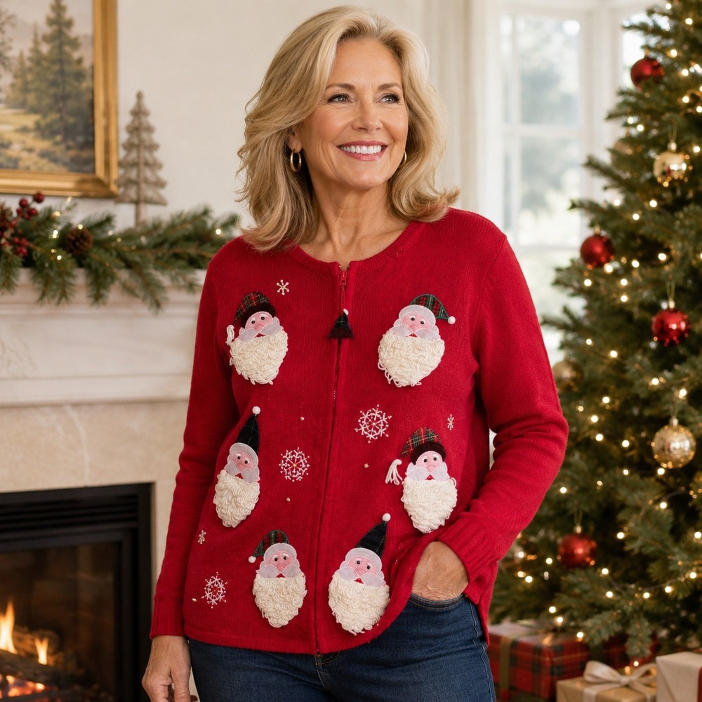 Heirloom‎ Collectibles Christmas Sweater XL Red Santa Appliqué Beaded Holiday
